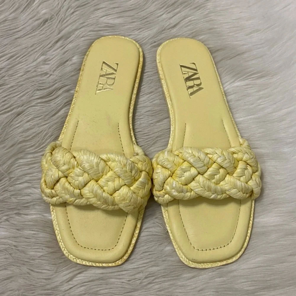 Zara Pastel Yellow Woven Raffia Braided Strap Slip On Open Toe Flat Sandals 39 - Picture 3 of 11